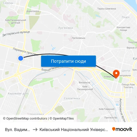 Вул. Вадима Гетьмана to Київський Національний Університет Імені Тараса Шевченка map