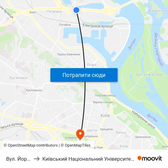 Вул. Йорданська to Київський Національний Університет Імені Тараса Шевченка map