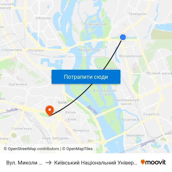 Вул. Миколи Закревського to Київський Національний Університет Імені Тараса Шевченка map