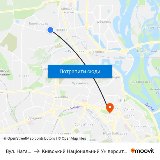 Вул. Наталії Ужвій to Київський Національний Університет Імені Тараса Шевченка map