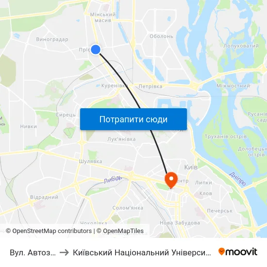 Вул. Автозаводська to Київський Національний Університет Імені Тараса Шевченка map