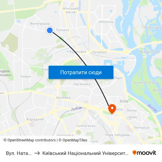 Вул. Наталії Ужвій to Київський Національний Університет Імені Тараса Шевченка map