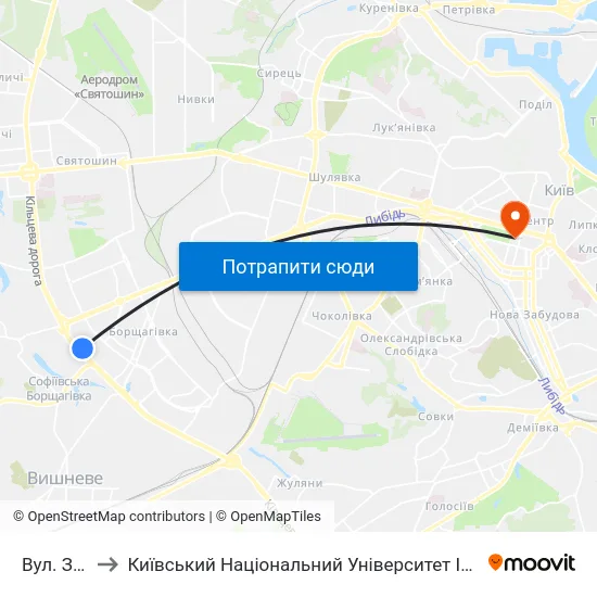 Вул. Зодчих to Київський Національний Університет Імені Тараса Шевченка map