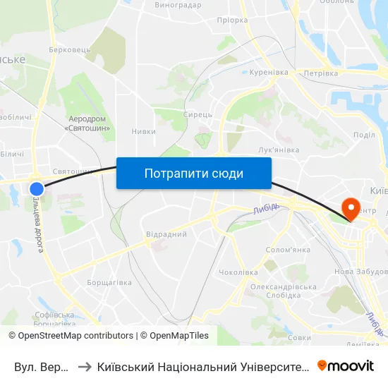 Вул. Верховинна to Київський Національний Університет Імені Тараса Шевченка map