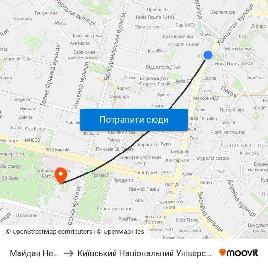 Майдан Незалежності to Київський Національний Університет Імені Тараса Шевченка map