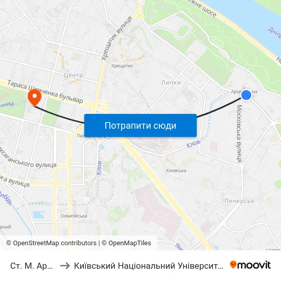 Ст. М. Арсенальна to Київський Національний Університет Імені Тараса Шевченка map