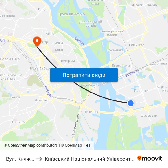 Вул. Княжий Затон to Київський Національний Університет Імені Тараса Шевченка map
