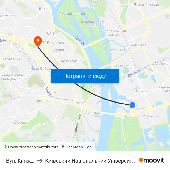 Вул. Княжий Затон to Київський Національний Університет Імені Тараса Шевченка map