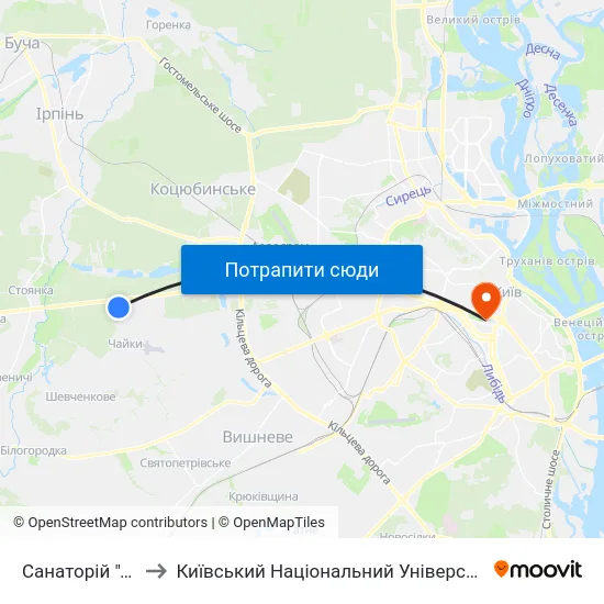 Санаторій ""Перемога"" to Київський Національний Університет Імені Тараса Шевченка map