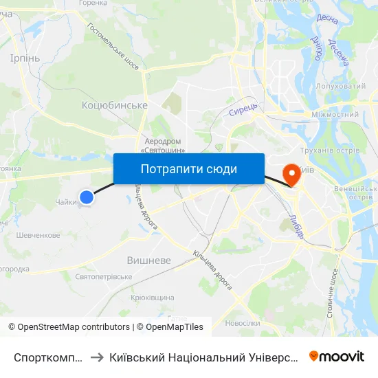 Спорткомплекс Чайка to Київський Національний Університет Імені Тараса Шевченка map