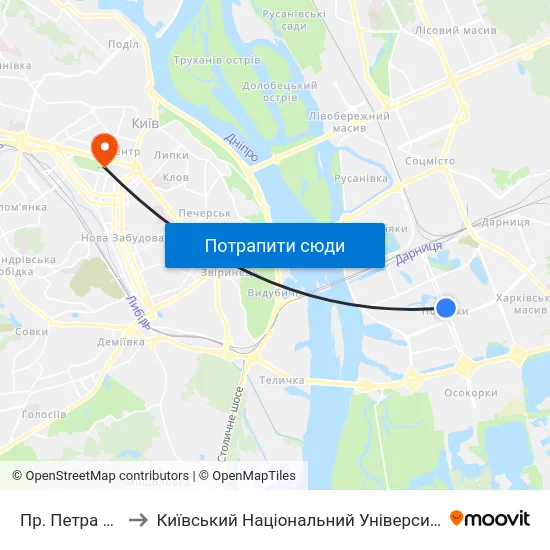 Пр. Петра Григоренка to Київський Національний Університет Імені Тараса Шевченка map