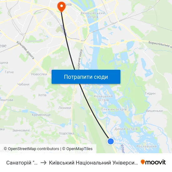 Санаторій ""Жовтень"" to Київський Національний Університет Імені Тараса Шевченка map