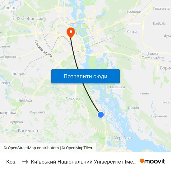 Козин-2 to Київський Національний Університет Імені Тараса Шевченка map