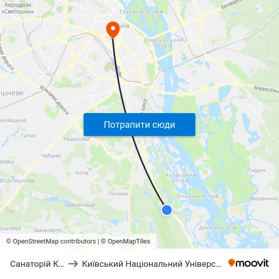 Санаторій Конча-Заспа to Київський Національний Університет Імені Тараса Шевченка map
