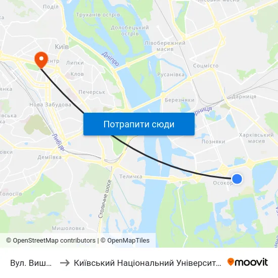 Вул. Вишняківська to Київський Національний Університет Імені Тараса Шевченка map