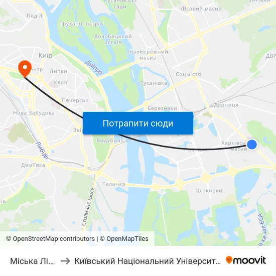 Міська Лікарня №1 to Київський Національний Університет Імені Тараса Шевченка map