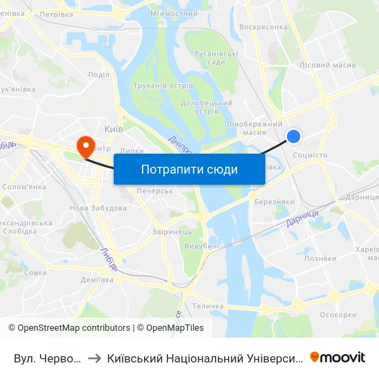 Вул. Червоноткацька to Київський Національний Університет Імені Тараса Шевченка map