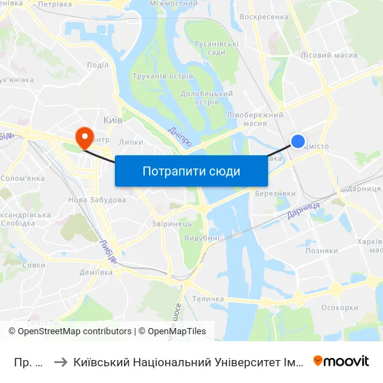 Пр. Миру to Київський Національний Університет Імені Тараса Шевченка map