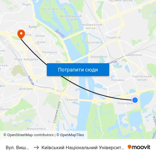 Вул. Вишняківська to Київський Національний Університет Імені Тараса Шевченка map