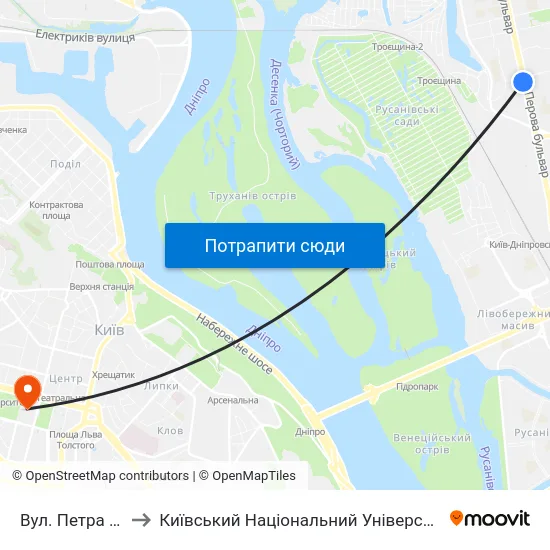Вул. Петра Запорожця to Київський Національний Університет Імені Тараса Шевченка map