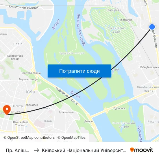 Пр. Алішера Навої to Київський Національний Університет Імені Тараса Шевченка map