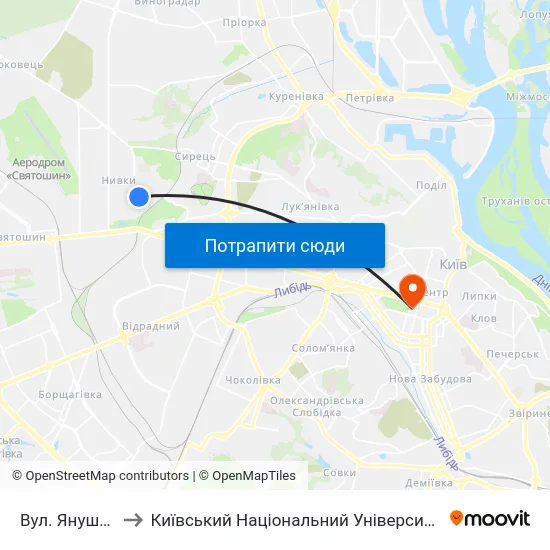 Вул. Януша Корчака to Київський Національний Університет Імені Тараса Шевченка map