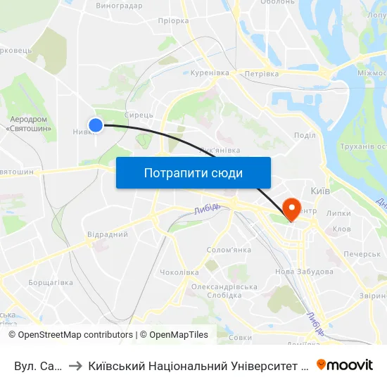 Вул. Салютна to Київський Національний Університет Імені Тараса Шевченка map