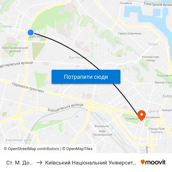Ст. М. Дорогожичі to Київський Національний Університет Імені Тараса Шевченка map