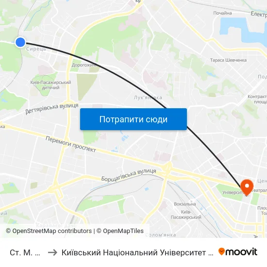Ст. М. Сирець to Київський Національний Університет Імені Тараса Шевченка map