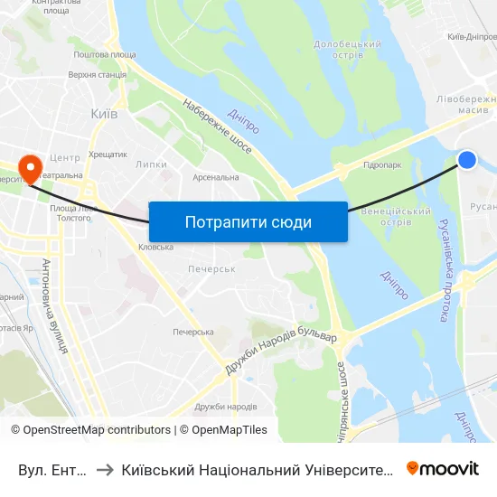 Вул. Ентузіастів to Київський Національний Університет Імені Тараса Шевченка map