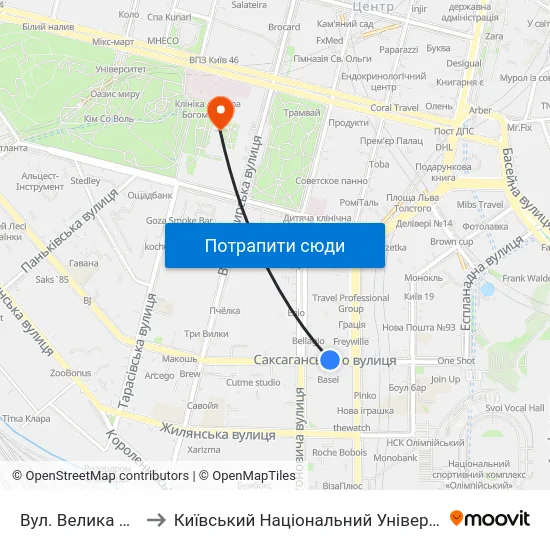 Вул. Велика Васильківська to Київський Національний Університет Імені Тараса Шевченка map