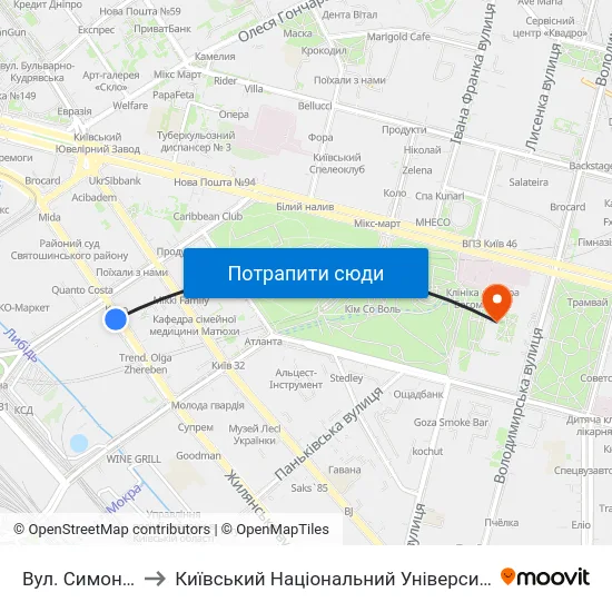 Вул. Симона Петлюри to Київський Національний Університет Імені Тараса Шевченка map