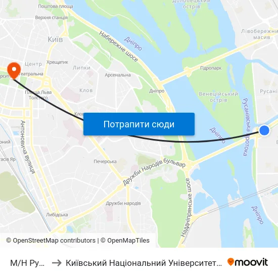 М/Н Русанівка to Київський Національний Університет Імені Тараса Шевченка map