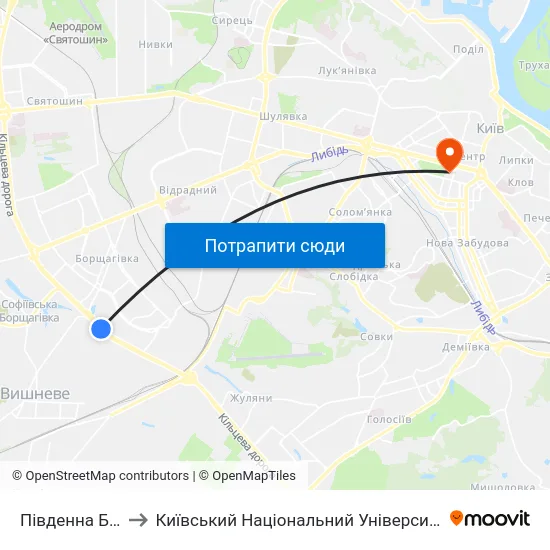 Південна Борщагівка to Київський Національний Університет Імені Тараса Шевченка map