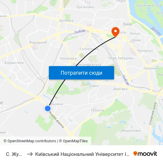 С. Жуляни-2 to Київський Національний Університет Імені Тараса Шевченка map