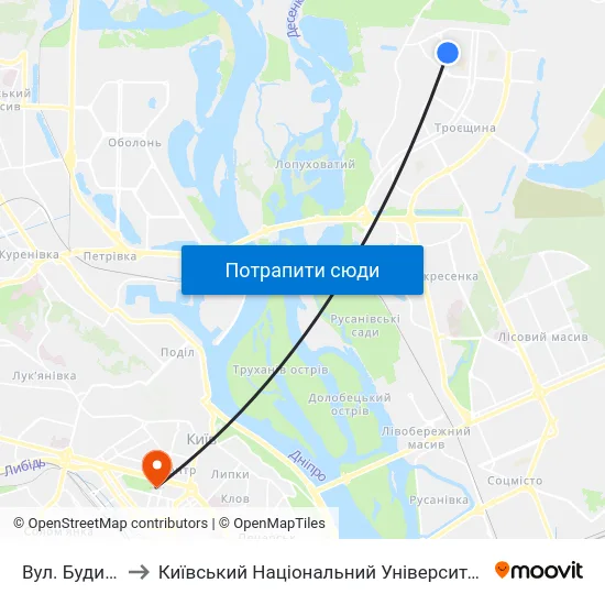 Вул. Будищанська to Київський Національний Університет Імені Тараса Шевченка map