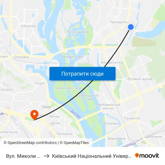 Вул. Миколи Закревського to Київський Національний Університет Імені Тараса Шевченка map