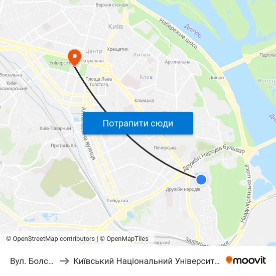 Вул. Болсуновська to Київський Національний Університет Імені Тараса Шевченка map