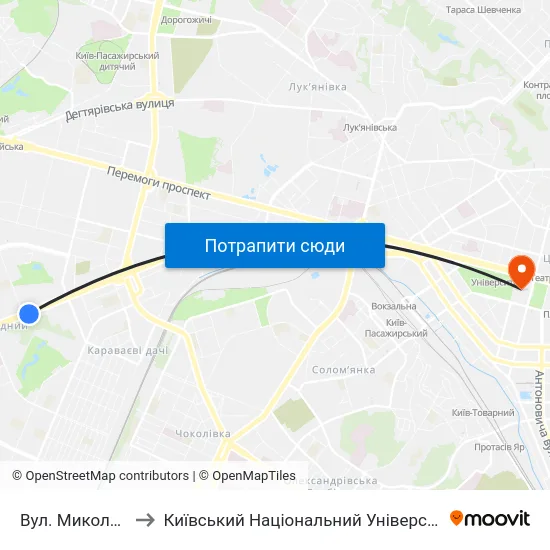 Вул. Миколи Василенка to Київський Національний Університет Імені Тараса Шевченка map