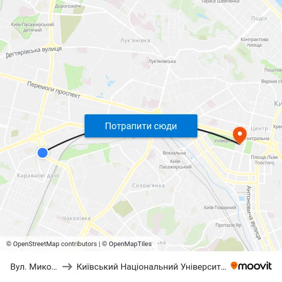 Вул. Миколи Голего to Київський Національний Університет Імені Тараса Шевченка map