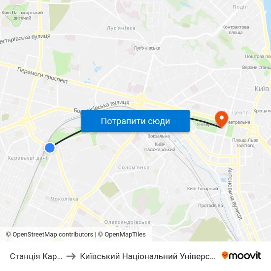 Станція Караваєві Дачі to Київський Національний Університет Імені Тараса Шевченка map