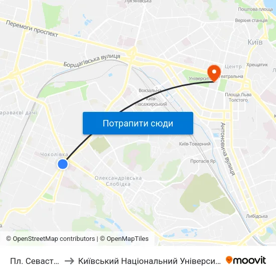 Пл. Севастопольська to Київський Національний Університет Імені Тараса Шевченка map