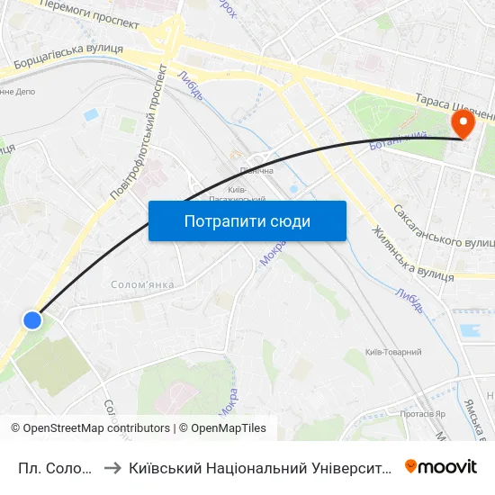 Пл. Солом'Янська to Київський Національний Університет Імені Тараса Шевченка map