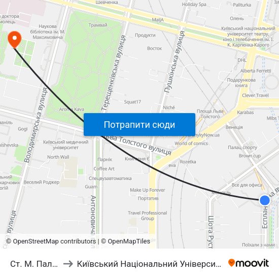 Ст. М. Палац Спорту to Київський Національний Університет Імені Тараса Шевченка map