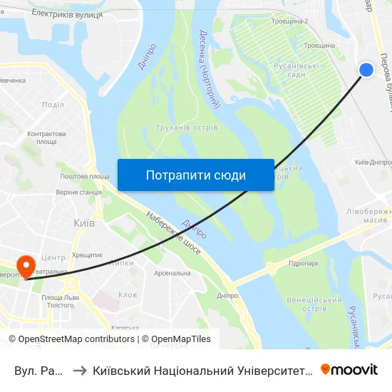 Вул. Райдужна to Київський Національний Університет Імені Тараса Шевченка map