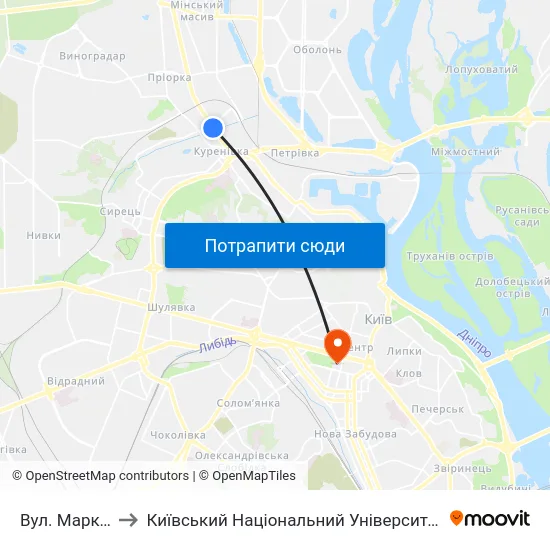 Вул. Марка Вовчка to Київський Національний Університет Імені Тараса Шевченка map