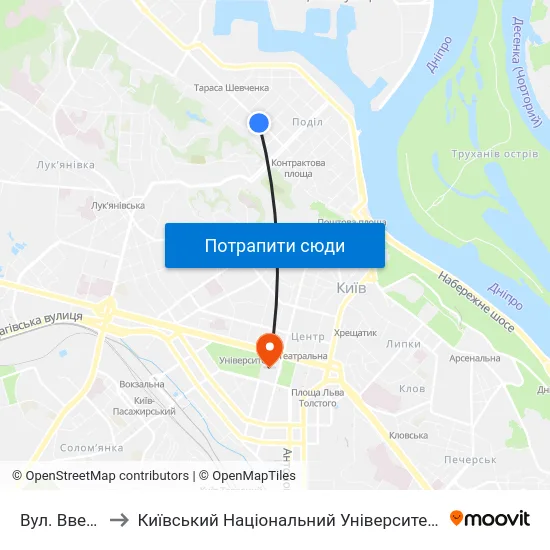 Вул. Введенська to Київський Національний Університет Імені Тараса Шевченка map