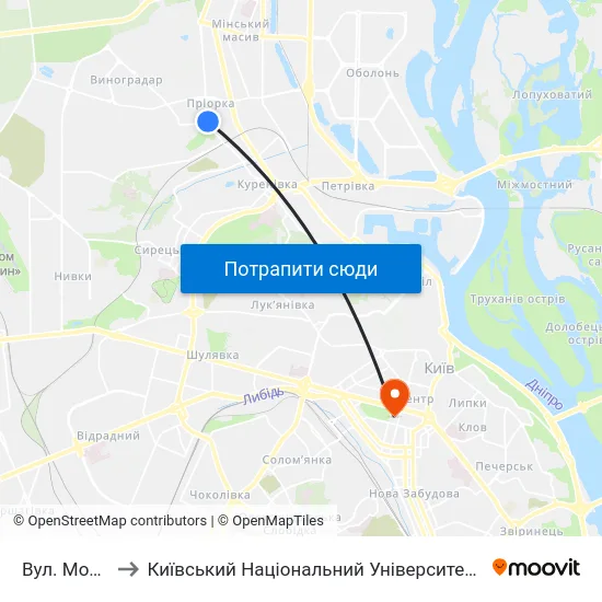 Вул. Мостицька to Київський Національний Університет Імені Тараса Шевченка map