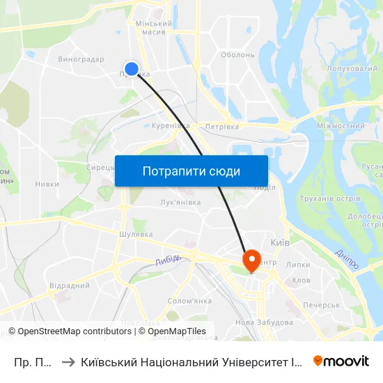 Пр. Правди to Київський Національний Університет Імені Тараса Шевченка map