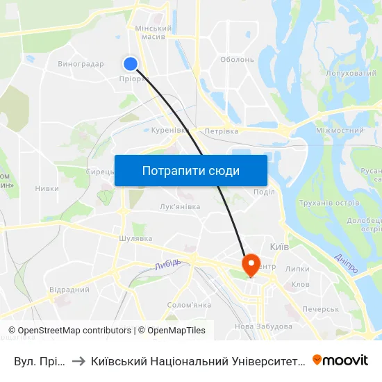 Вул. Пріорська to Київський Національний Університет Імені Тараса Шевченка map